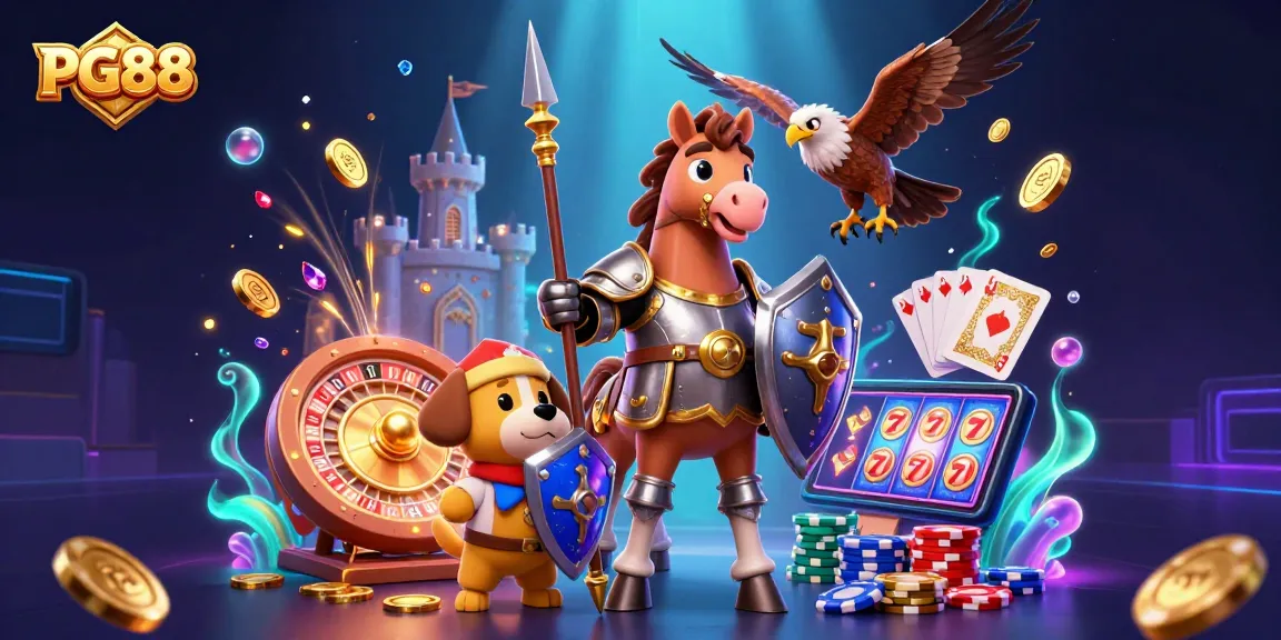 Engage with PG88's vibrant casino world featuring knights, treasures, and gaming action.