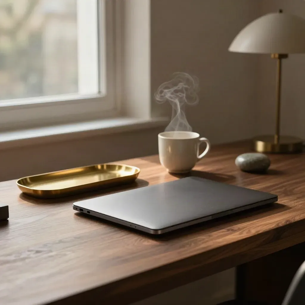 Closed laptop, brass tray, ceramic cup and stone paperweight on a walnut desk in late afternoon light.