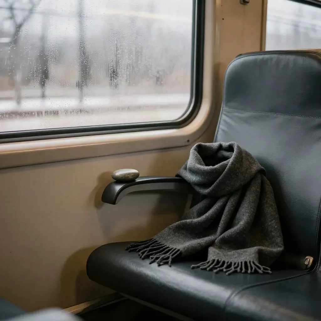 Fogged train window, wool scarf, and breathing stone on a seat armrest in winter motion.