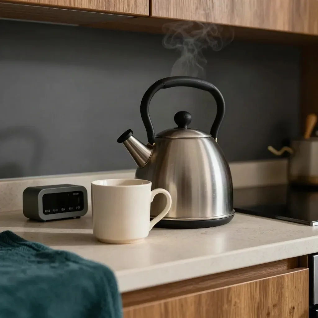 Kettle steaming beside a mug, timer and mat edge on a compact kitchen counter.