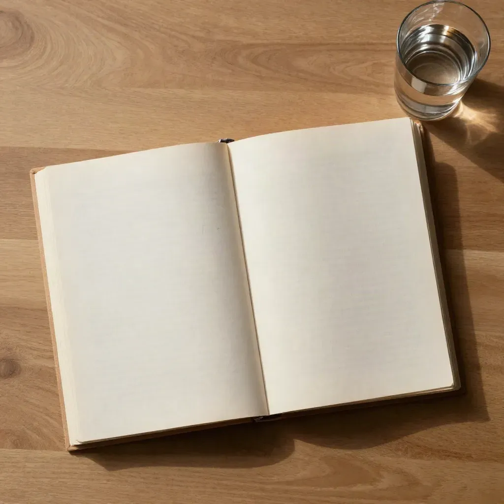 Open journal with soft marks, bookmark, and water glass on a walnut table.