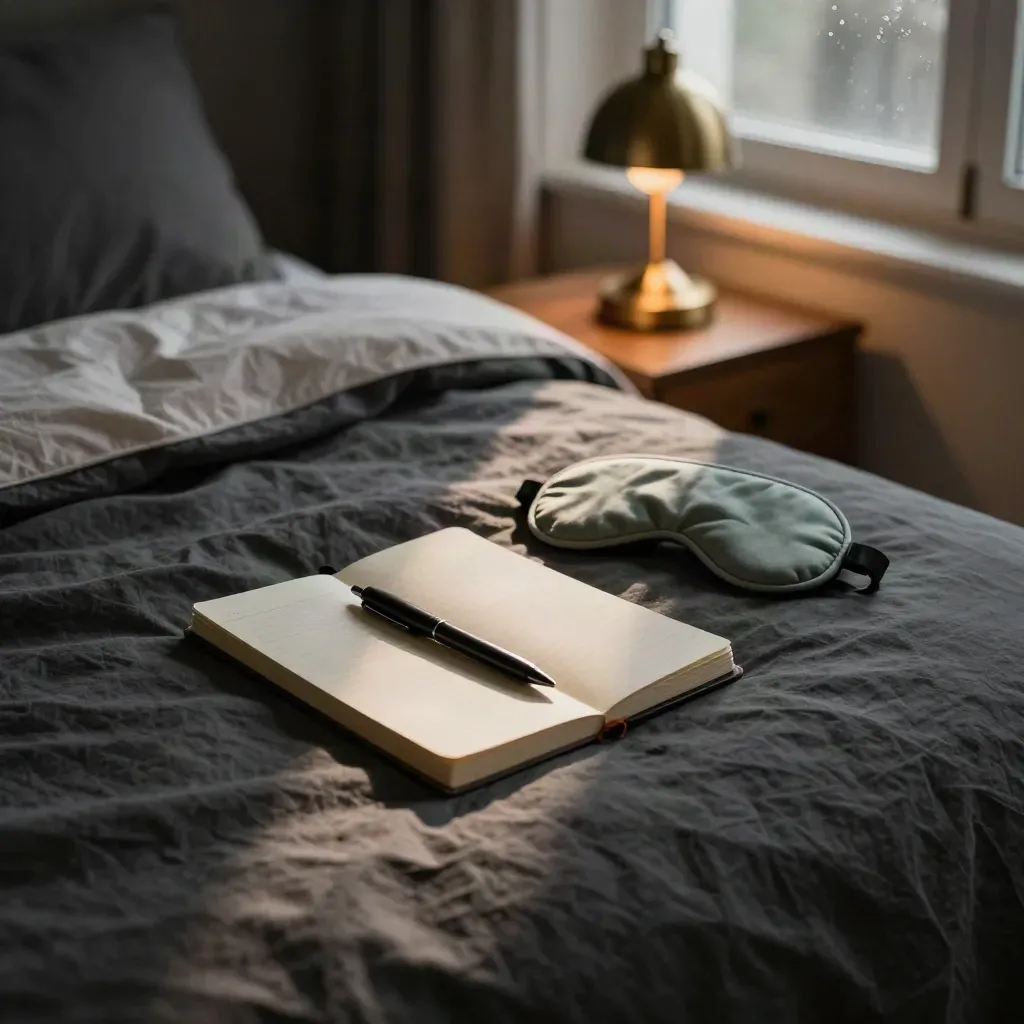 Bedside notebook half closed beside a sage eye mask, pen, and warm lamp over dark bedding.