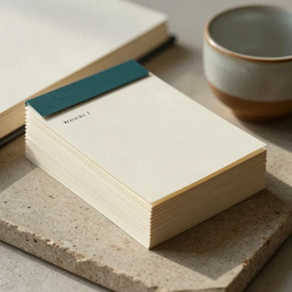 Stacked planning cards, closed notebook, and ceramic cup on stone in soft daylight.