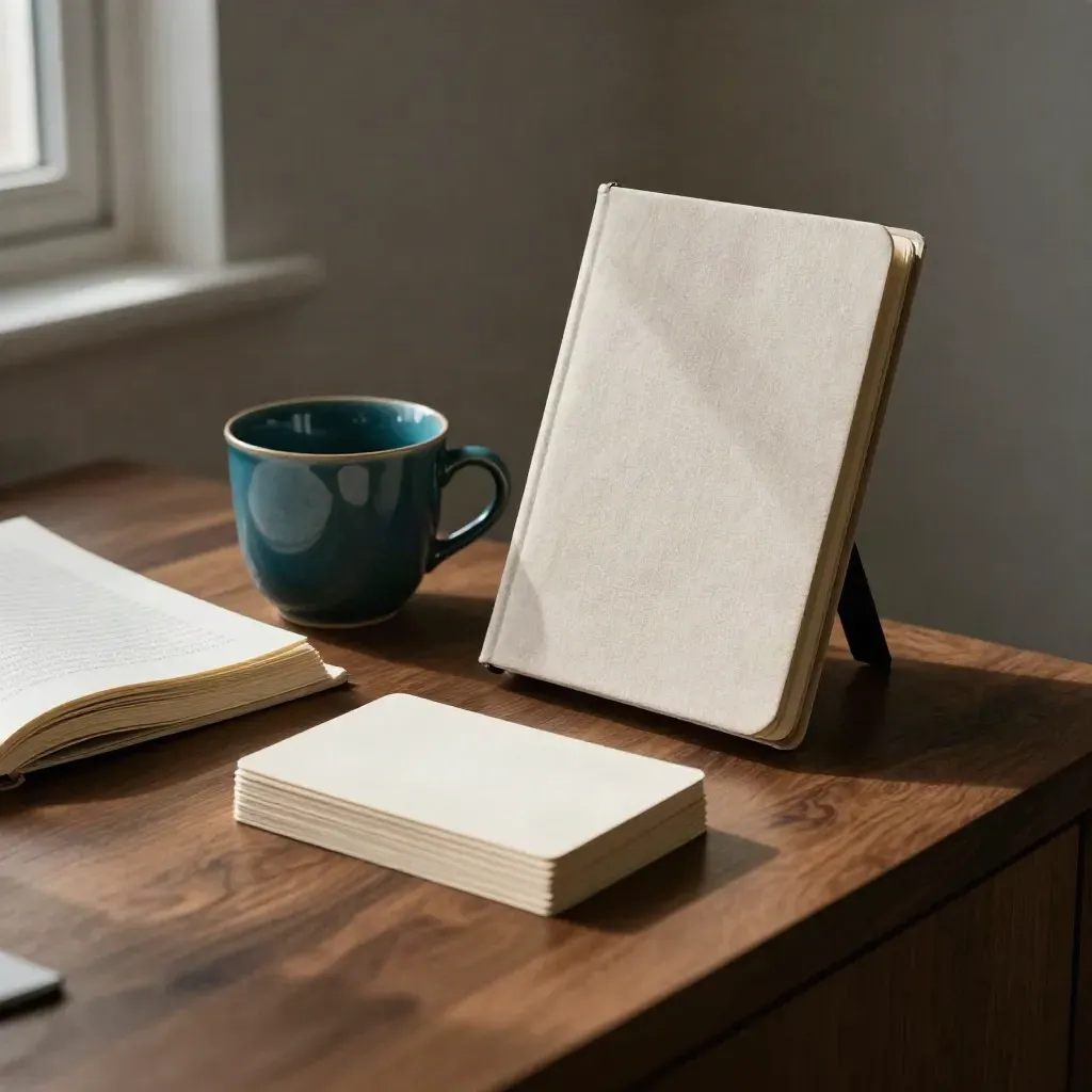 Desk corner with a cup, folded readers, standing notebook, and paper cards in soft window light.
