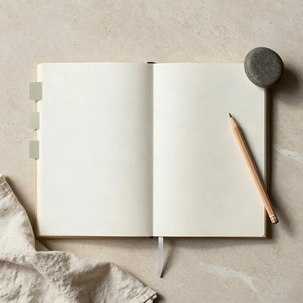 Top-down Sunday planning spread with sage tabs, pencil, and stone weight on a pale table.