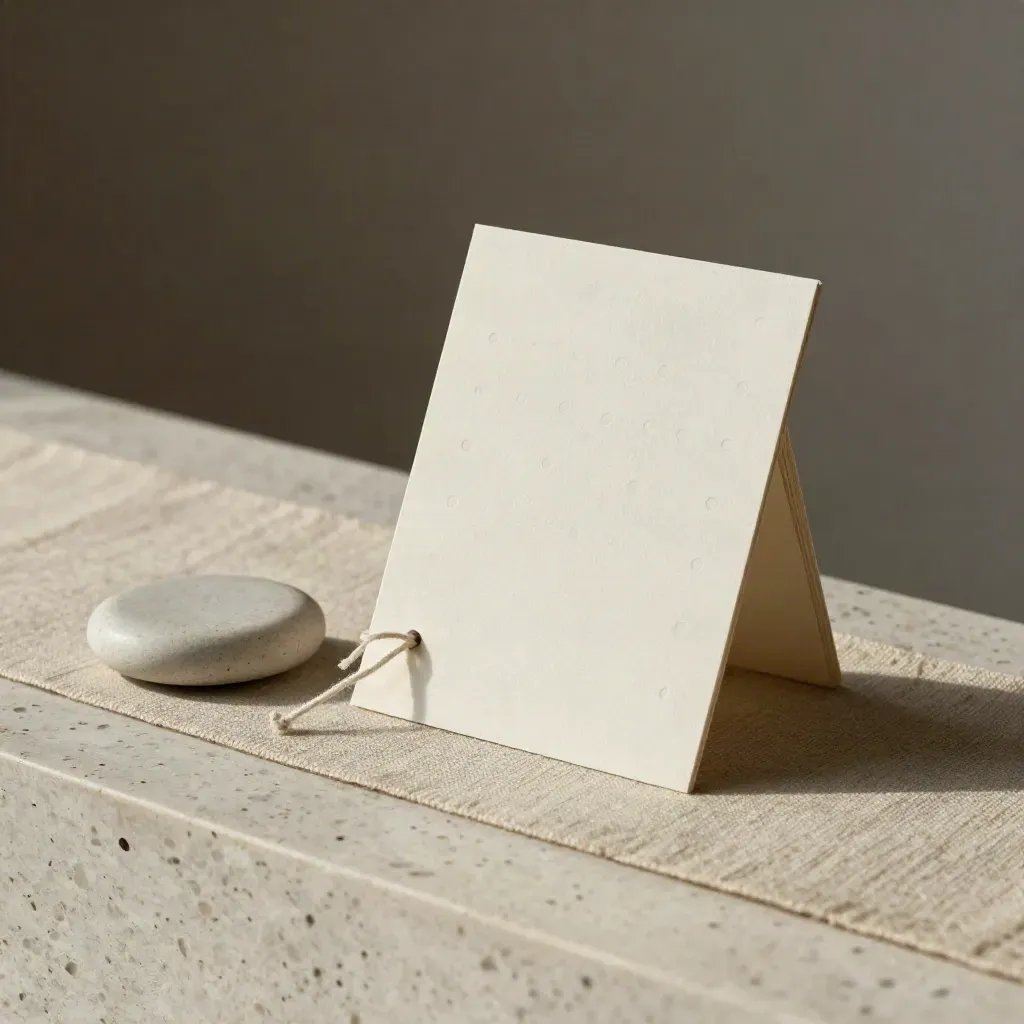 Breath-count card lifting from a stack beside a smooth counter stone on pale travertine