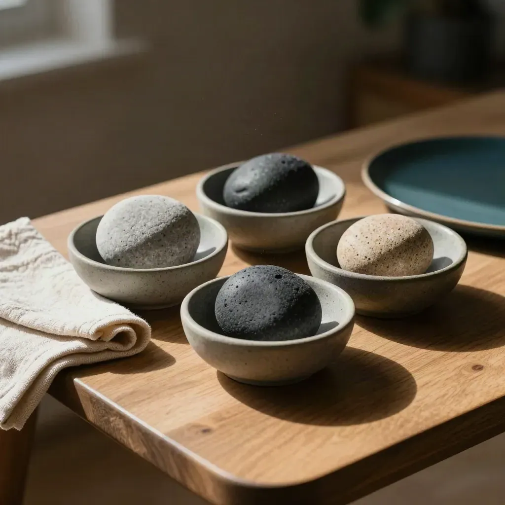 Three ceramic bowls with pebbles and a folded cloth on a calm sunlit table