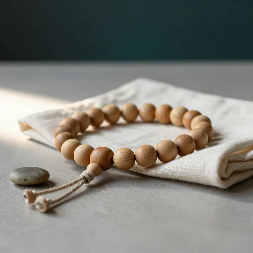 Wooden breath-count bead strand with linen napkin and stone on a pale wood surface.