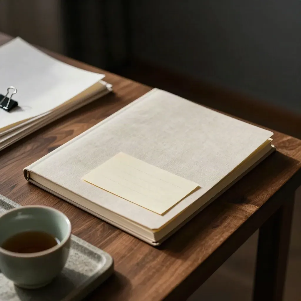 Overhead desk reset with notebook, memo card, teacup and clipped papers in morning light.