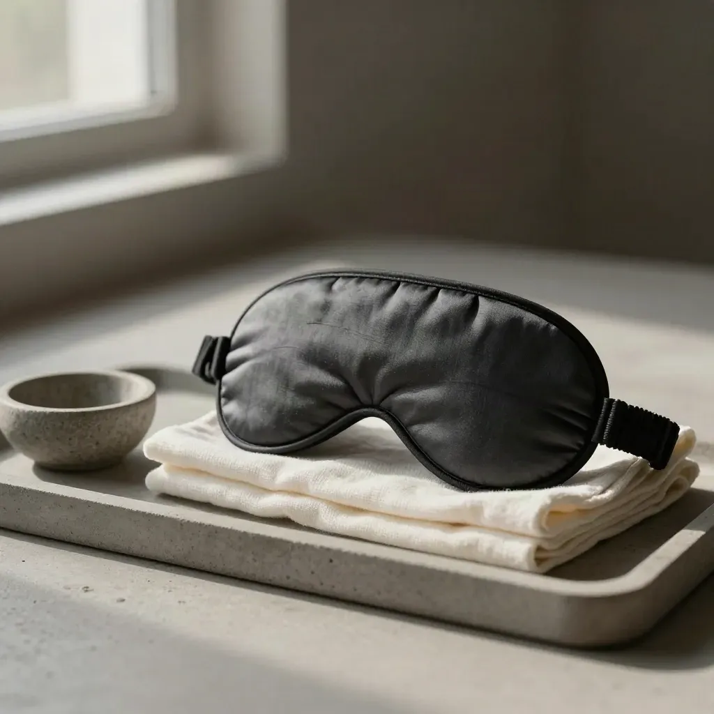 Charcoal sleep mask, folded ivory cloth, and stone bowl on a concrete tray in soft evening light.