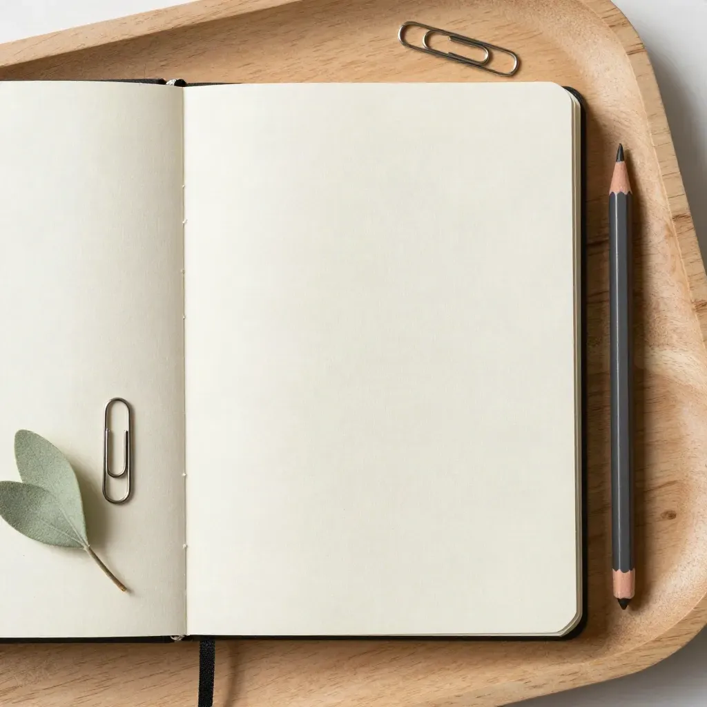 Open linen journal on pale wood tray with pencil, clips, and a sage sprig.