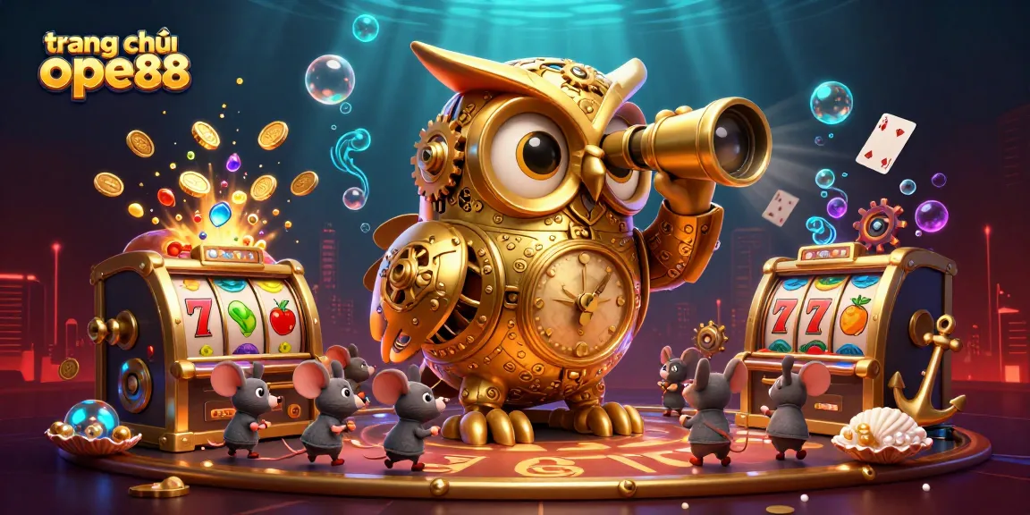 Explore the vibrant scene of trang chủ ope88 featuring a golden owl scanning a rich casino landscape filled with slot machines and treasures.