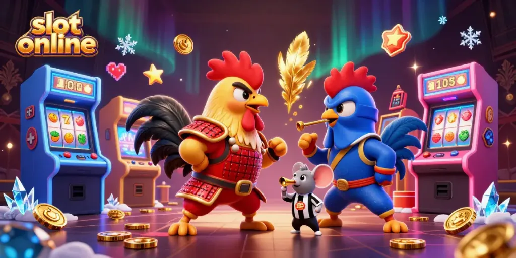 Engage in thrilling slot online action with dynamic roosters and colorful game elements.