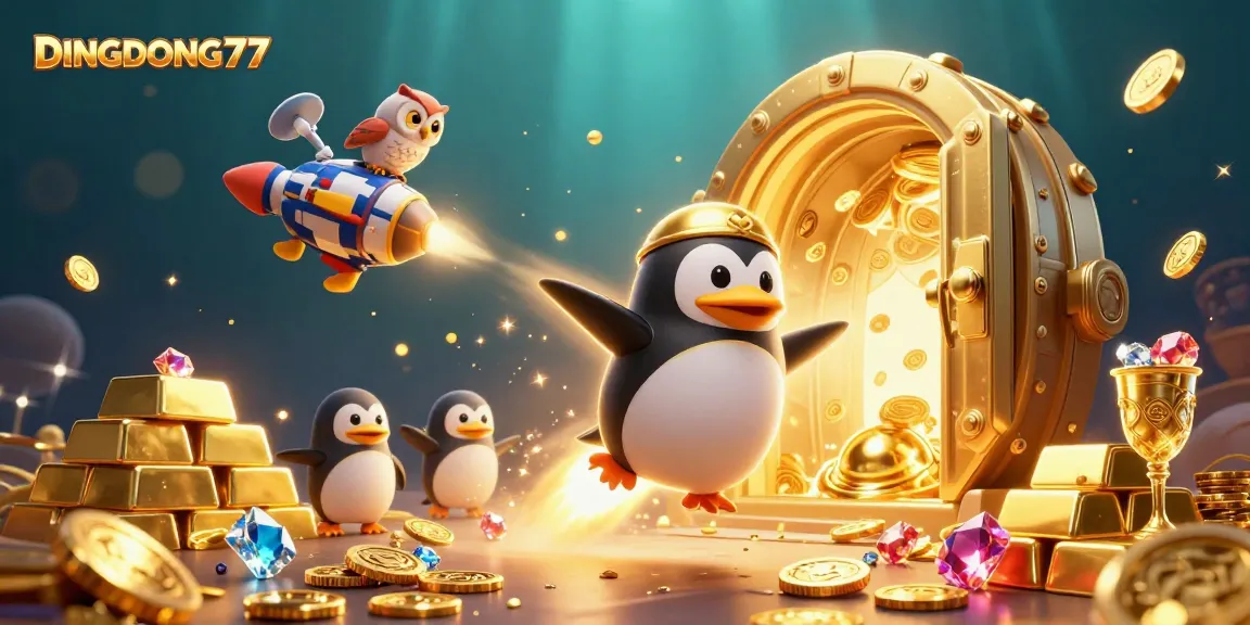 DINGDONG77 showcases a golden penguin on a dynamic casino journey amidst treasures and excitement.