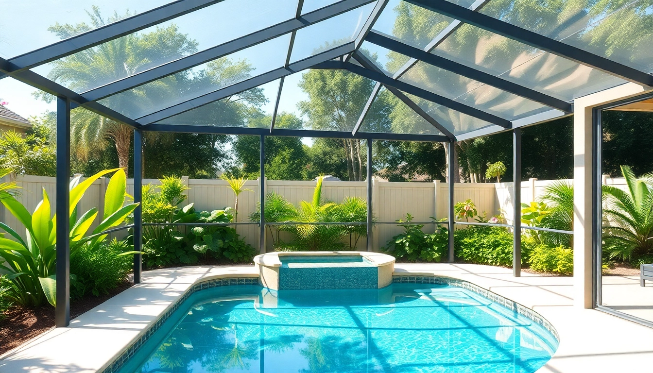 Enjoying a crystal-clear Pool Enclosure with modern design and lush greenery.