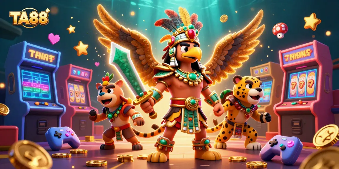 Engage with TA88's vibrant 3D casino scene featuring Aztec warriors and arcade games.
