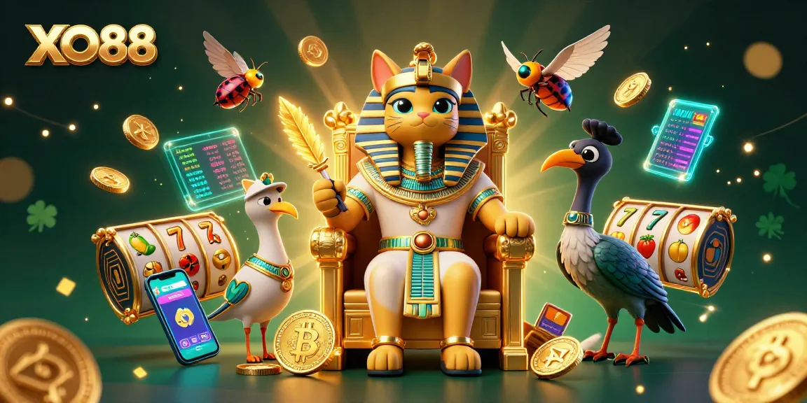 Experience thrill with XO88 featuring Egyptian pharaoh cat amidst slot game elements.