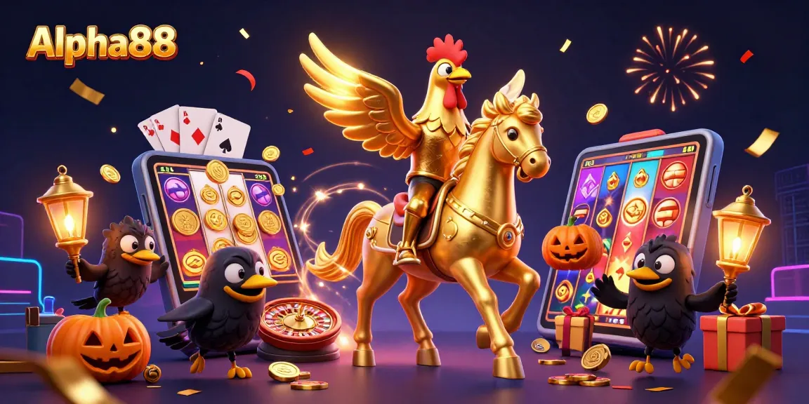 Experience the vibrant world of Alpha88 with a dazzling casino scene featuring a golden rooster hero.