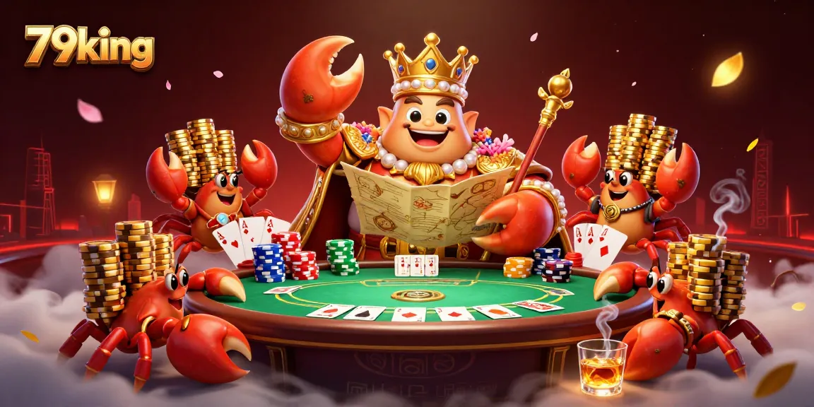 Experience the thrill of 79king casino with a golden crab emperor amidst poker excitement.