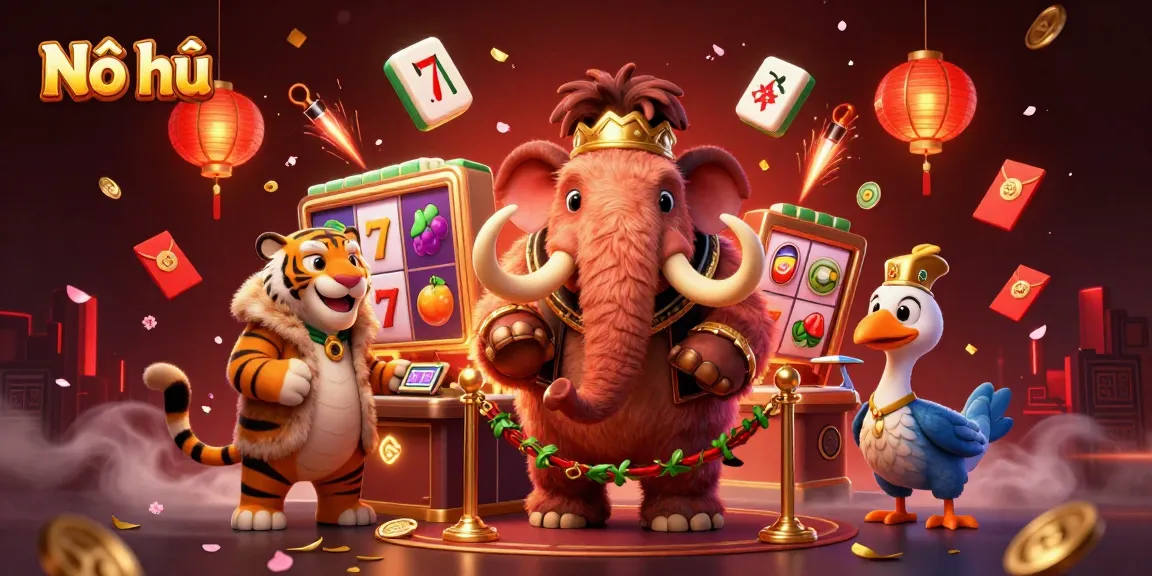 Experience the excitement of Nổ hũ with vibrant slot symbols and fantasy characters in a dazzling casino scene.