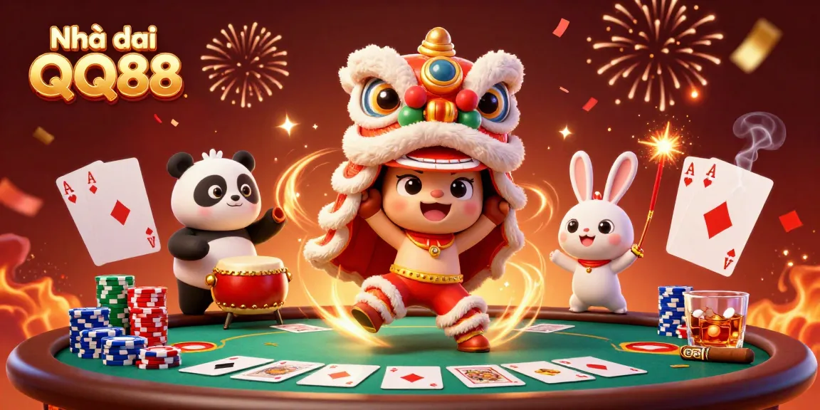 Celebrate wins at Nhà cái QQ88 with colorful lion dance, poker elements, and vibrant decorations.