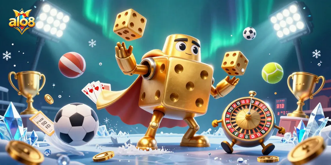 A vibrant al08 scene showcasing a golden dice golem and sports elements in action.
