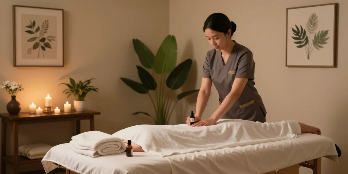 마사지 치료를 위한 편안한 스파 환경과 아로마 향초.