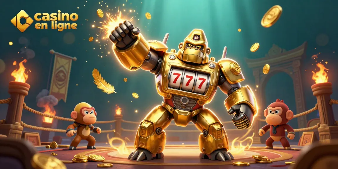 Visuel dynamique illustrant un gorille mech d’or dans un casino en ligne, entouré de pièces et feux d’artifice.