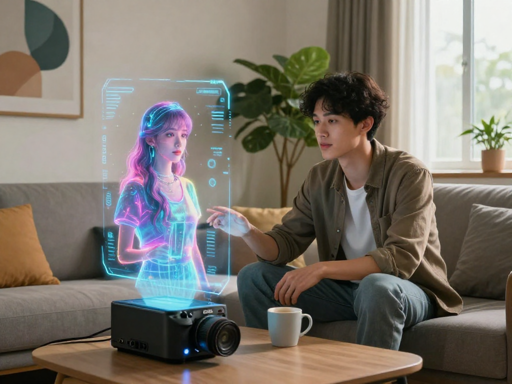 Engaging scene of a young man interacting with his AI girlfriend in a modern living room, showcasing the blend of technology and companionship.