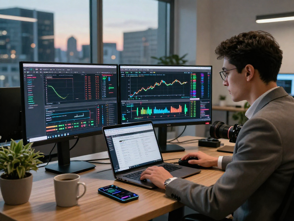 Escena de trading de criptomonedas con el uso de Immediate Edge, trader analizando gráficos en pantallas modernas.