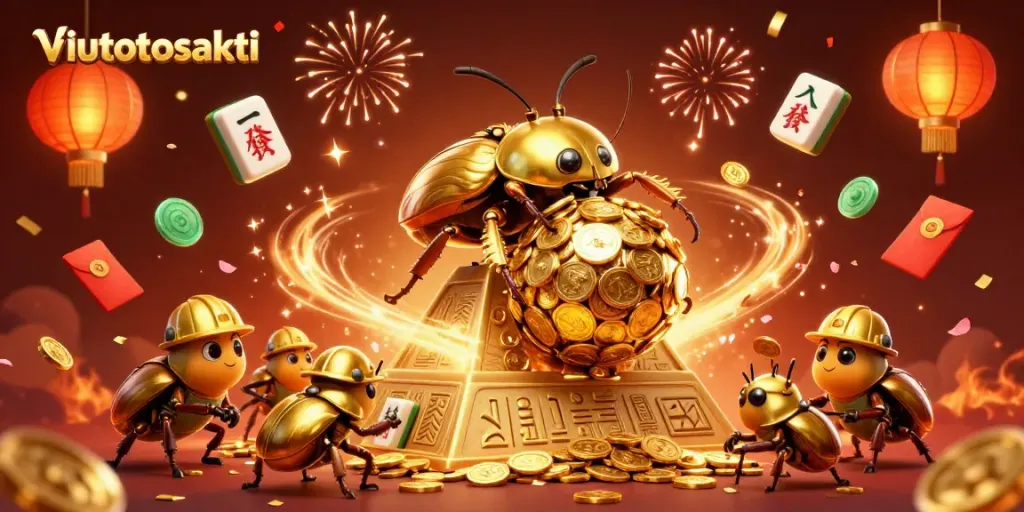 Menghasilkan kemenangan besar di viutotosakti dengan beetle emas dan simbol kasino yang bersinar.