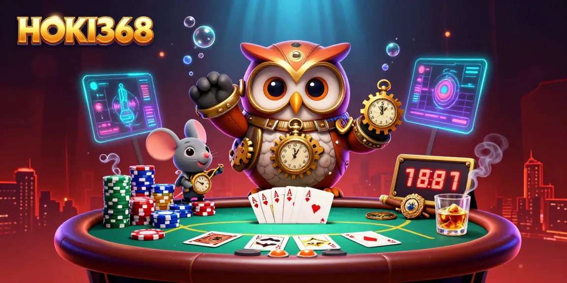 Engage in the vibrant world of HOKI368 with a whimsical steampunk casino illustration featuring poker action.