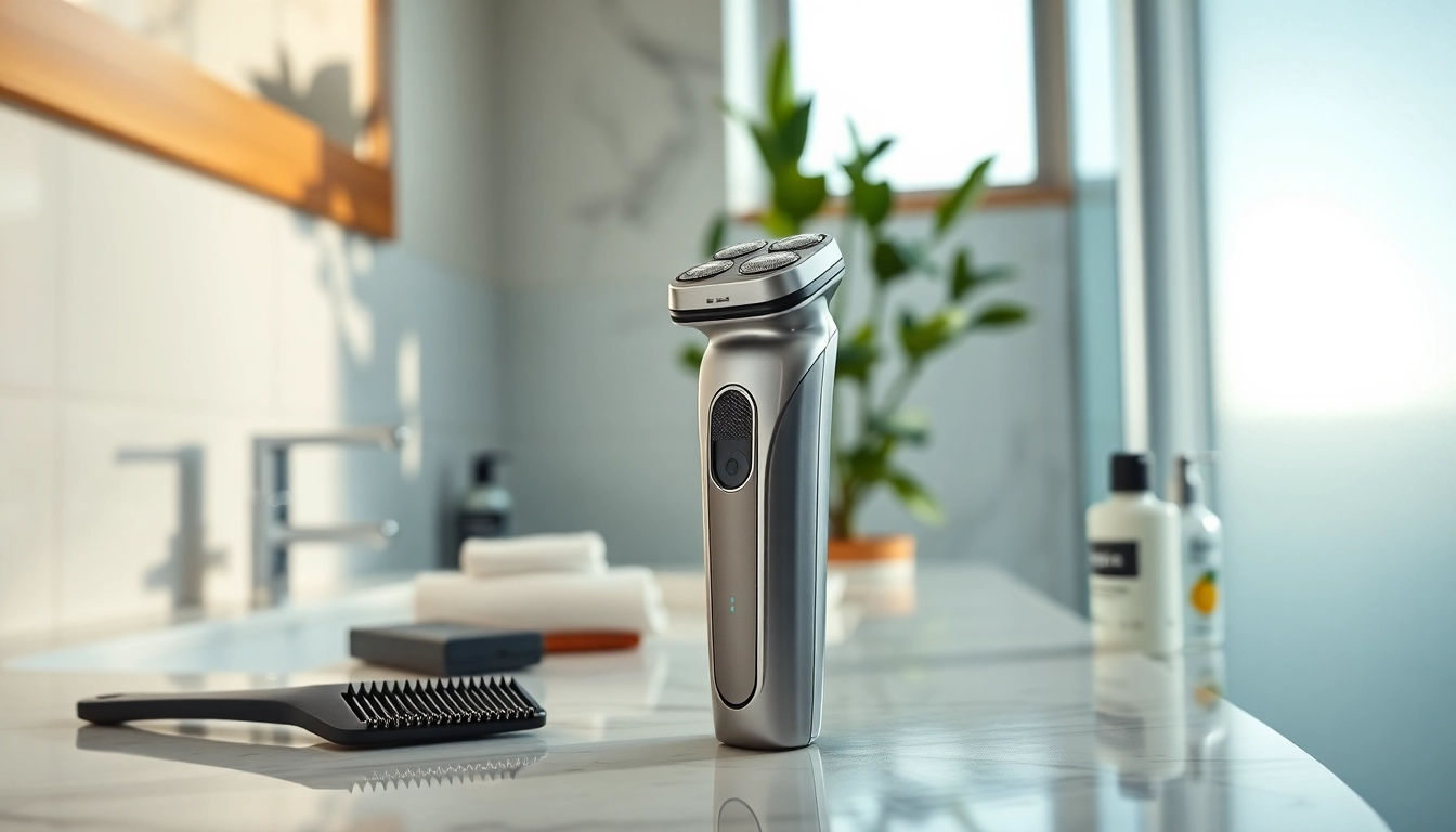 Featuring a mini electric shaver on a marble countertop amidst grooming accessories, showcasing elegance and practicality.