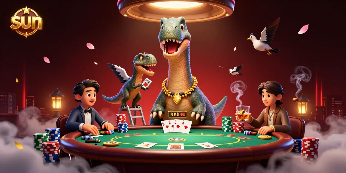 Experience thrilling gameplay as a giant sun-themed brontosaurus gazes down on a dynamic poker scene.