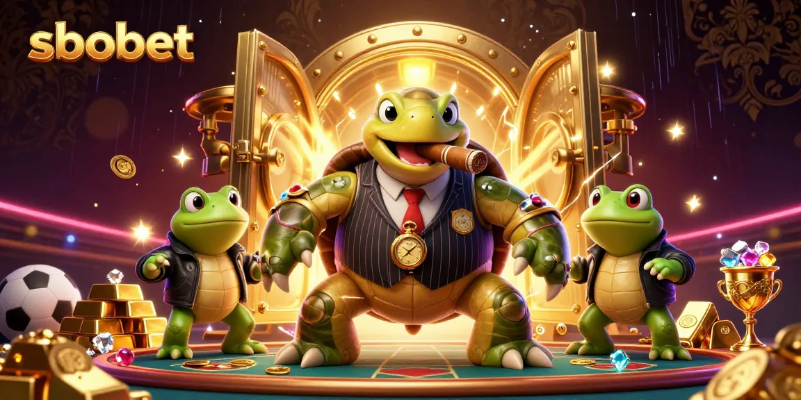 Bet on sbobet with an entertaining sports betting scene featuring cartoon characters and sparkling casino elements.