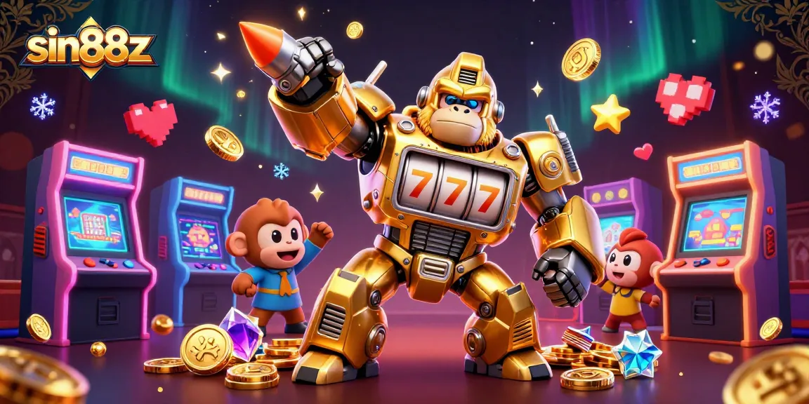 Experience thrilling gameplay at sin88z with a vibrant 3D casino scene featuring a golden gorilla mech!