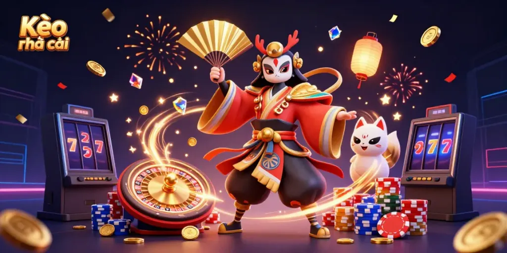 Kèo nhà cái offers vibrant 3D visuals with kabuki warrior and neon casino elements showcasing an energetic gaming scene.