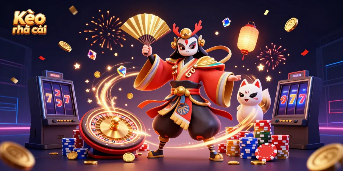 Kèo nhà cái offers vibrant 3D visuals with kabuki warrior and neon casino elements showcasing an energetic gaming scene.