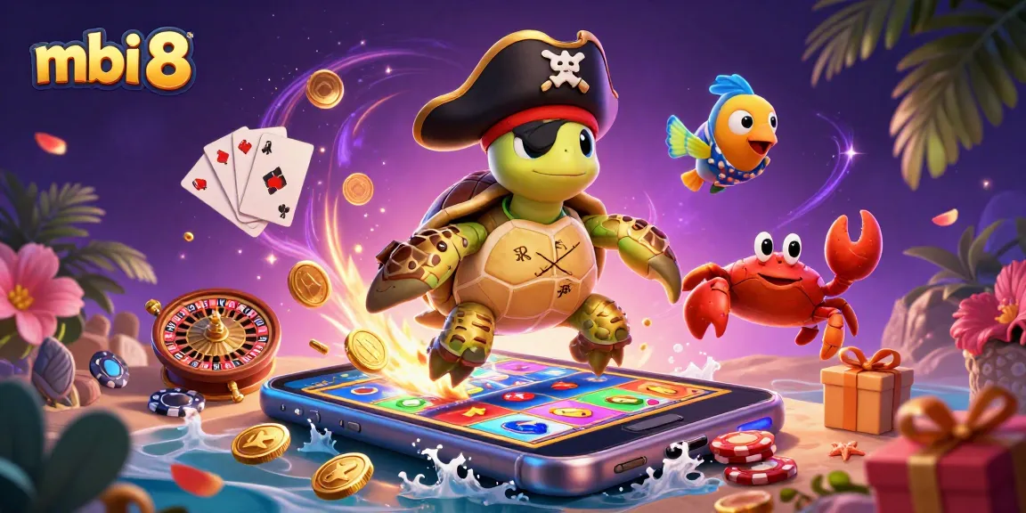 Engage in thrilling gameplay with mbi 8, featuring a pirate turtle and treasure amidst colorful casino elements.