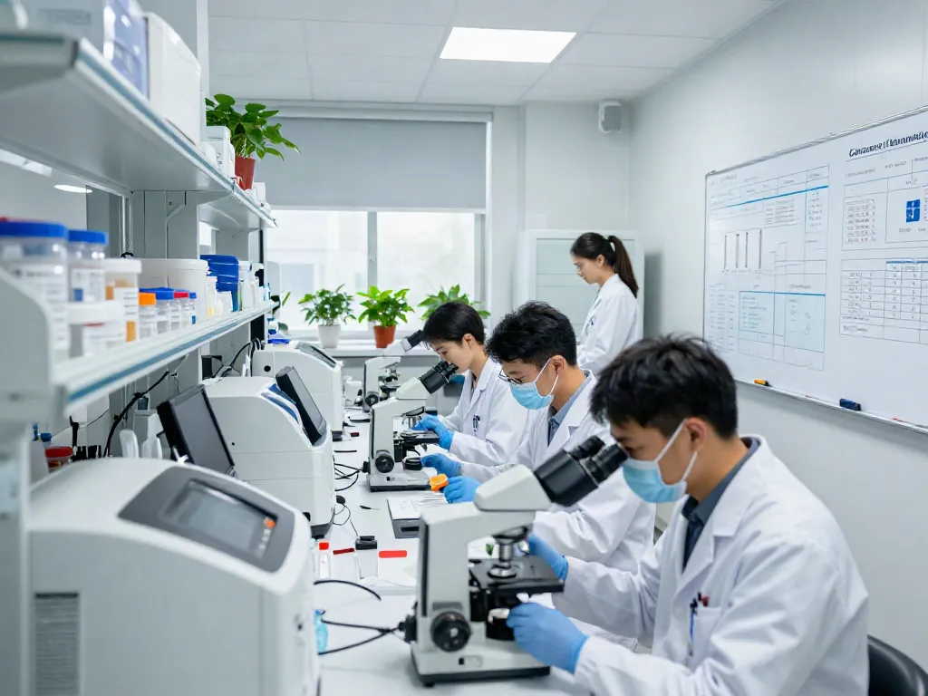 Cancer biobank researchers analyzing samples in a modern lab environment.