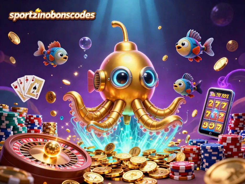 Engage with sportzinobonuscodes through a dynamic scene of golden kraken submarine and casino elements.