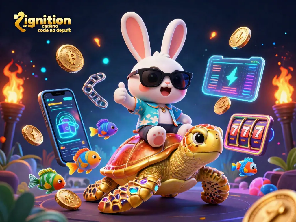 Ignition casino free spins code no deposit with a lucky rabbit and golden turtle in a vibrant casino setting.
