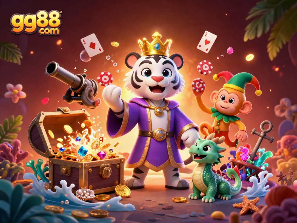 Experience energetic gameplay with gg88 com, featuring a royal tiger, playful monkey, and interactive casino elements.