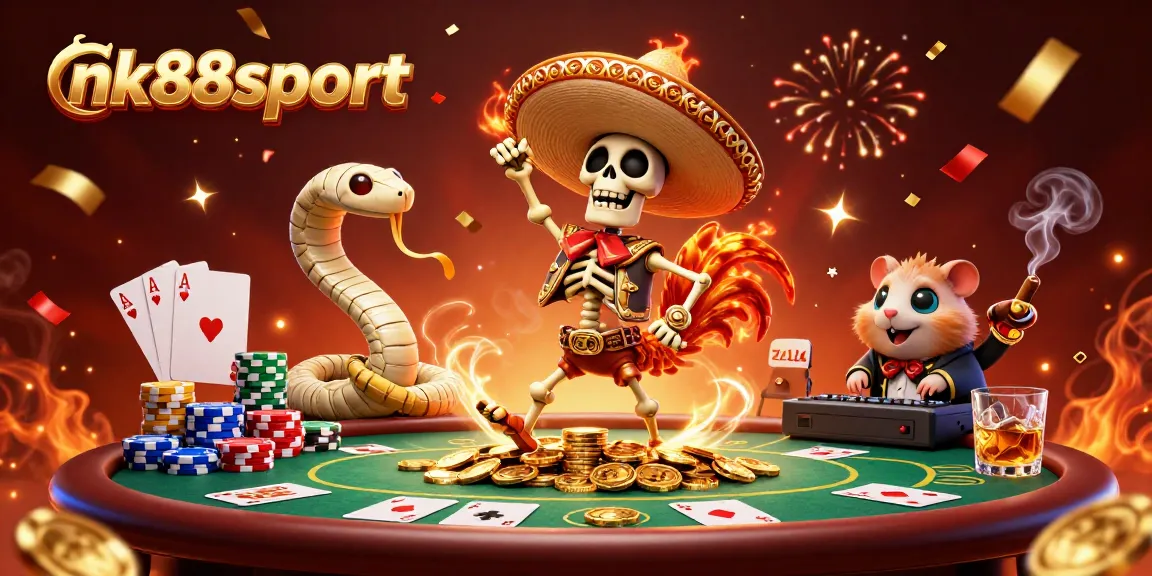 Experience vibrant wins at nk88sport with lively 3D characters celebrating around a dynamic poker scene.