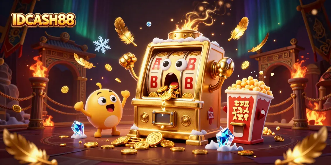 Play thrilling slots with IDCASH88 in a vibrant casino scene, shiny jackpot and cheering machines.
