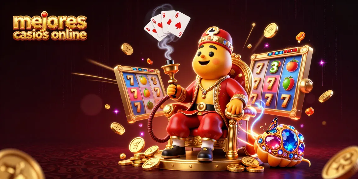 Ilustra los mejores casinos online mostrando un maestro hookah en un trono de oro rodeado de tragamonedas y símbolos ganadores.