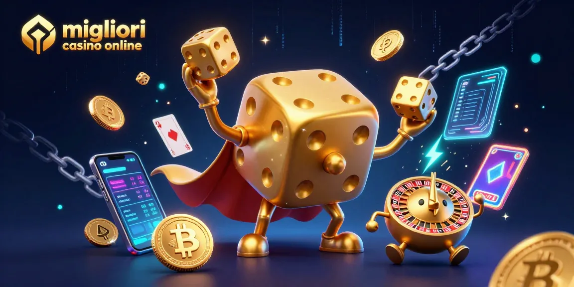 I migliori casino online offrono opportunità entusiasmanti per vincere, rappresentati da un golem di dadi dorati e elementi di criptovaluta.