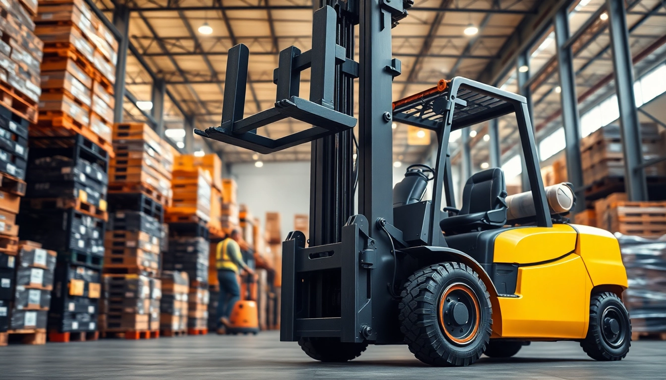 Forklift efficiently lifting pallets in a busy warehouse environment, showcasing heavy-duty capabilities.
