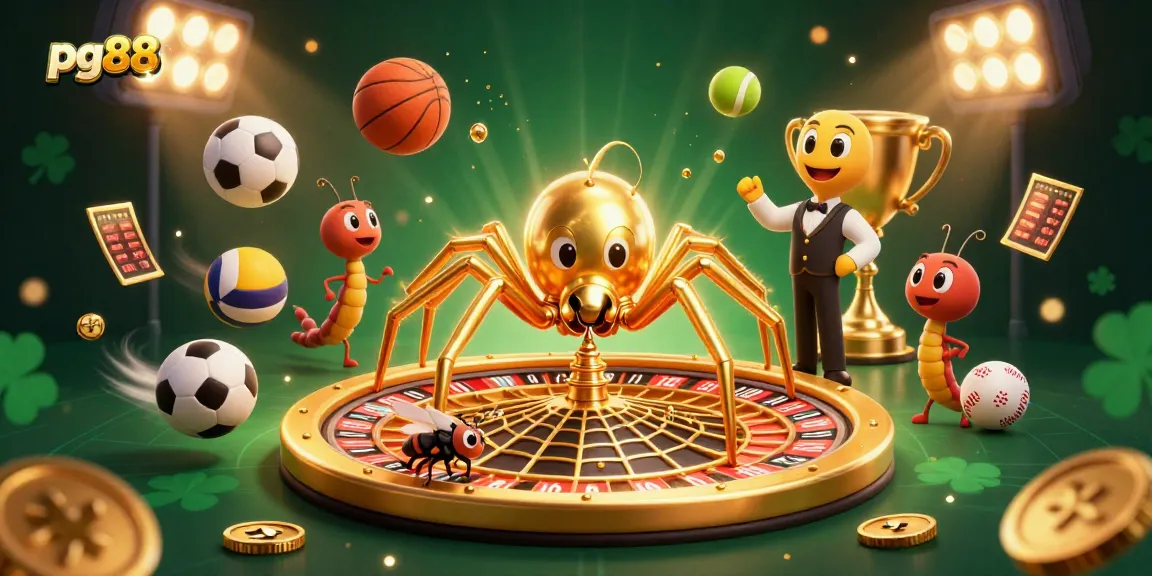 Engage with pg88's thrilling betting scene featuring a golden spider spinning a roulette wheel.