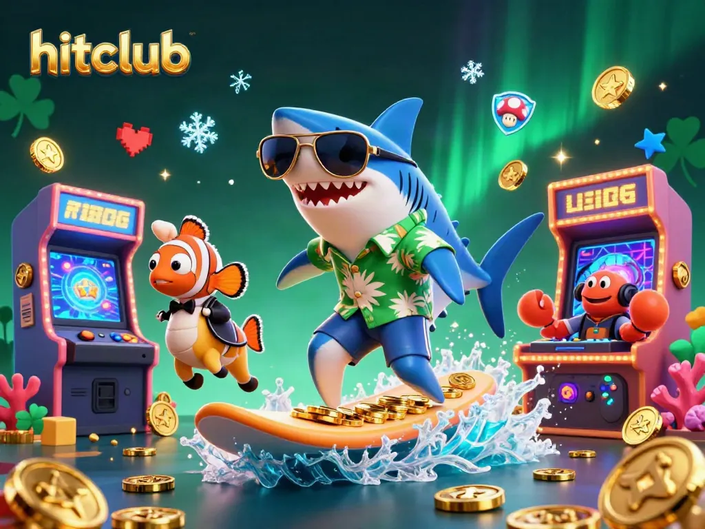 Experience hitclub's vibrant casino world with a shark surfing gold coins amidst exciting game elements.